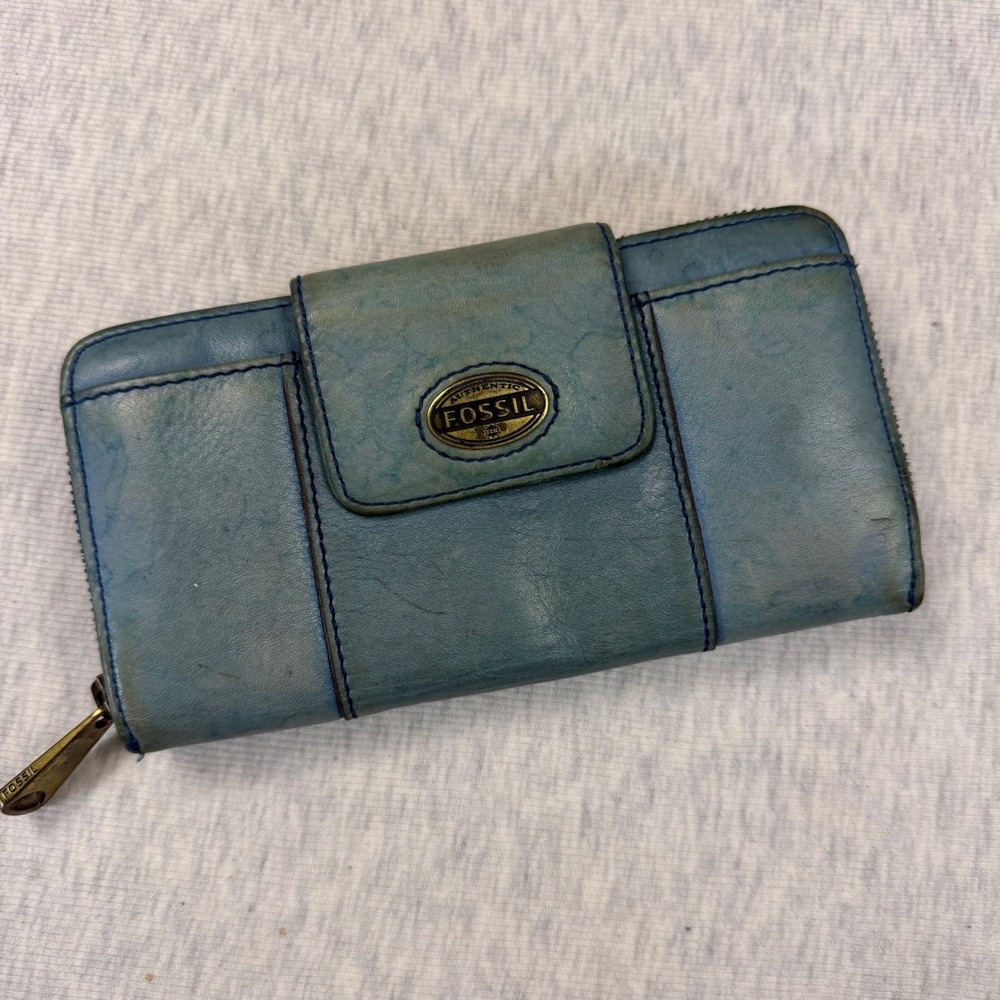 Vintage Fossil Blue Leather Zip Around & Snap Closure Wallet Brass Hardware